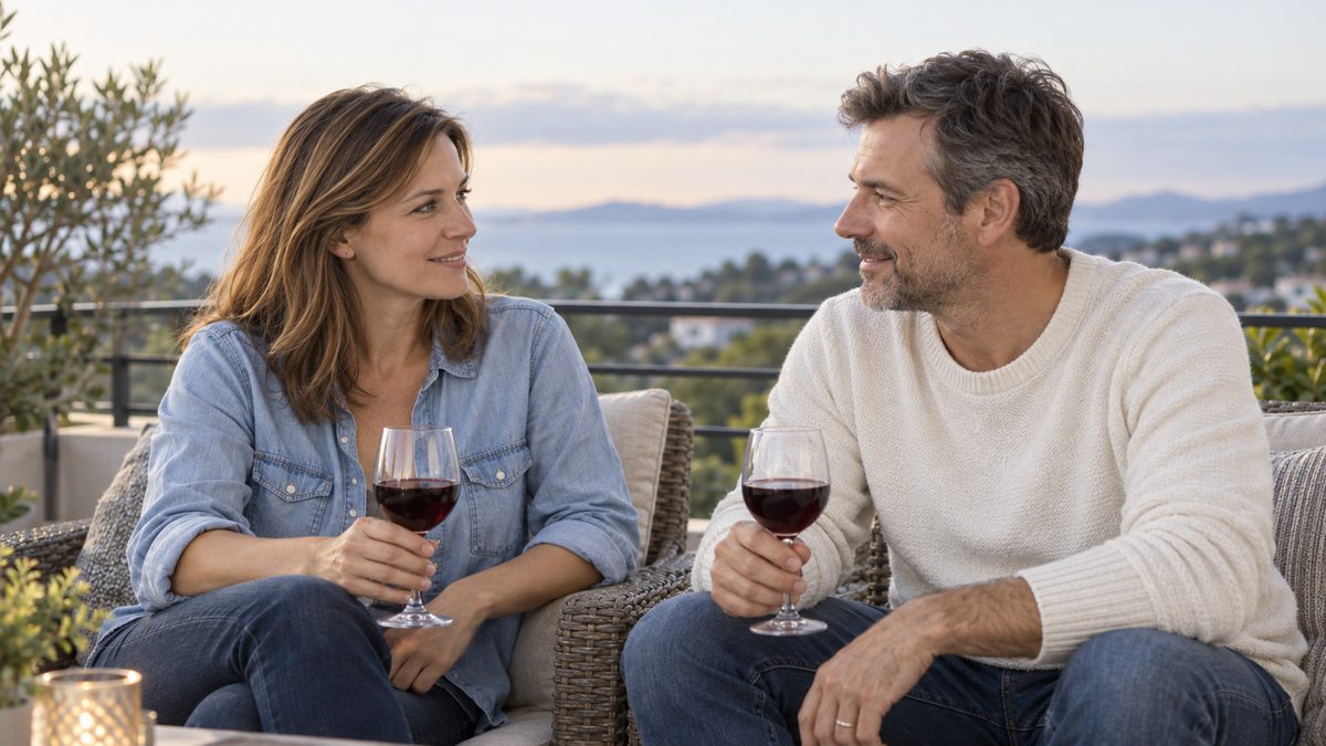 Paar auf dem Balkon mit einem Glas Wein blickt gemeinsam in die Ferne