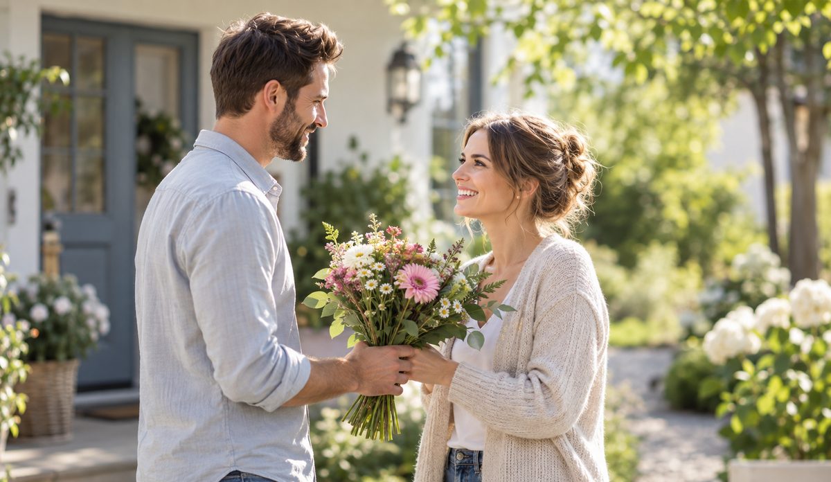 Person überreicht dem Partner einen kleinen Blumenstrauß