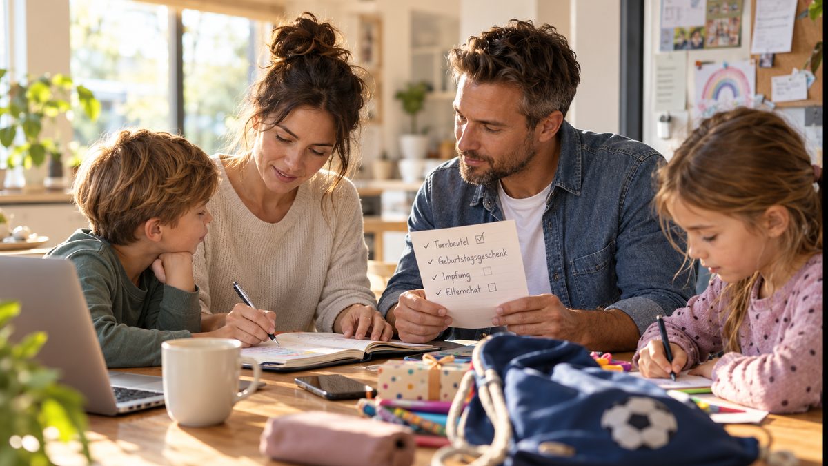 Eltern organisieren gemeinsam mit ihren Kindern am Küchentisch den Familienalltag, der Vater hält eine Liste mit Turnbeutel, Geburtstagsgeschenk, Impfung und Elternchat