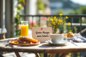 Ein liebevoll gedeckter Frühstückstisch auf einem sonnigen Balkon mit einer handschriftlichen Notiz 'Guten Morgen mein Schatz!' – Ein Beispiel für stärkende Alltagsrituale in der Partnerschaft.