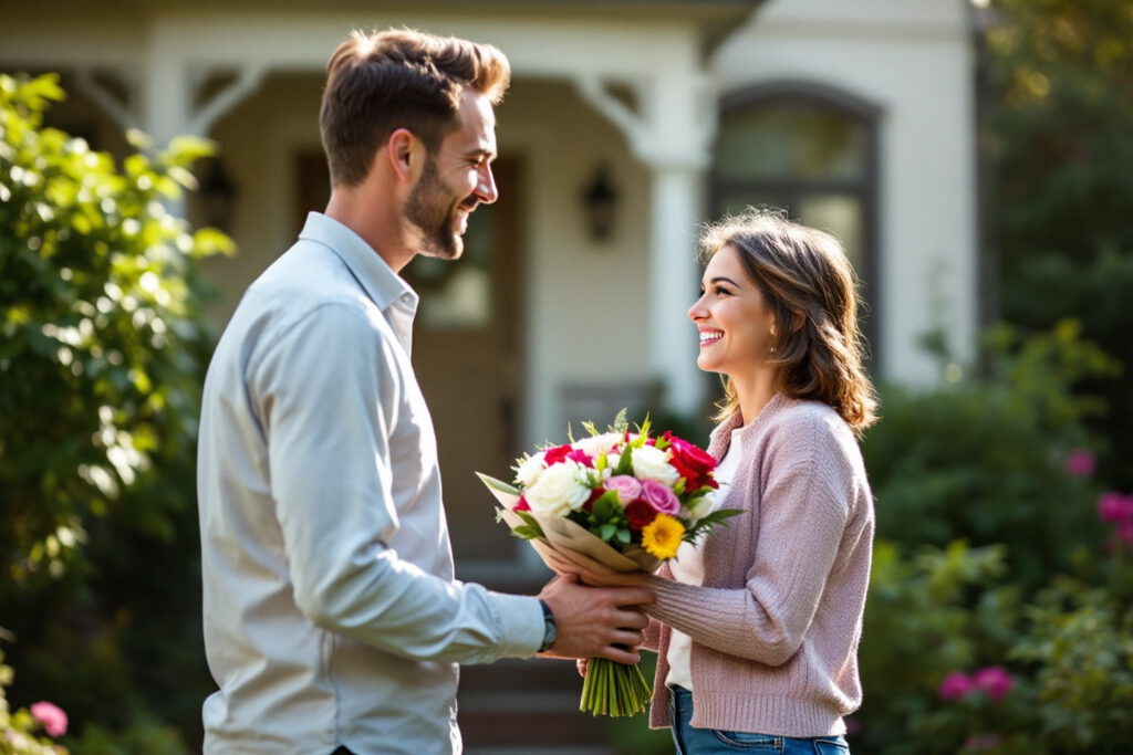 Ein Mann übergibt seiner Partnerin vor dem Haus einen Blumenstrauß – Eine Szene über die Rolle von Erwartungen und Wertschätzung in der Beziehung, thematisiert von Paarberatung Silberstreif.