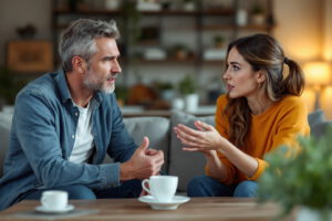 Ein Paar in einem angeregten Gespräch auf dem Sofa – Anleitung zur respektvollen Konfliktlösung und effektiven Kommunikation finden Sie bei Paarberatung Silberstreif.