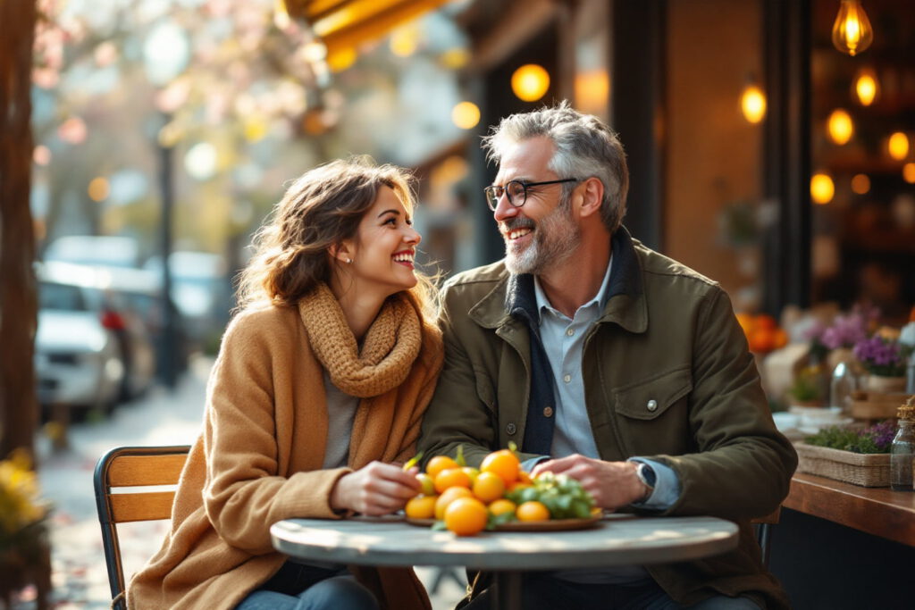 Ein Paar in einer Langzeitbeziehung bei einem Date im Straßencafé – Tipps von Silberstreif, wie Sie die Leidenschaft und Nähe nach vielen Jahren Partnerschaft wiederbeleben.