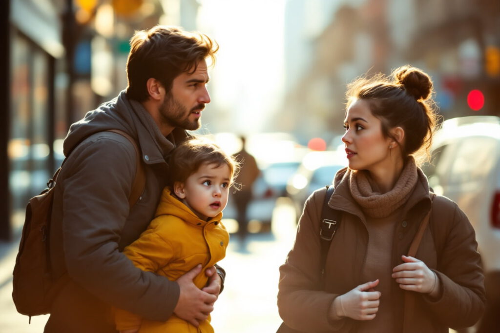 Eltern in einer stressigen Alltagssituation auf der Straße: Mutter und Vater mit Kind im Arm bei der hektischen Abstimmung – Tipps zur Bewältigung von Herausforderungen in der Partnerschaft bei Paarberatung Silberstreif.