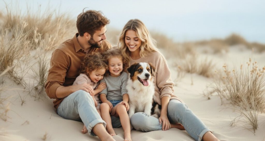 Glückliche Familie in den Stranddünen – Unterstützung bei Rollenveränderung, Patchwork-Herausforderungen, unerfülltem Kinderwunsch, Trennungsmodellen bei Paarberatung Silberstreif in Berlin, Uckermark und deutschlandweit online