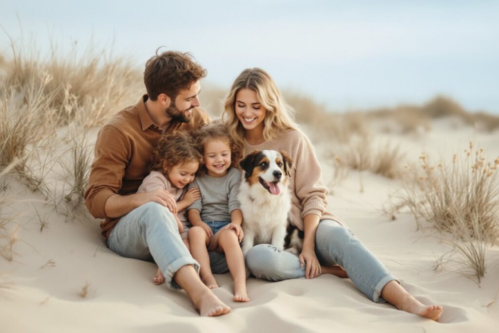 Glückliche Familie in den Stranddünen – Unterstützung bei Elternrolle, Patchwork, Kinderwunsch, Trennungsmodell bei Paarberatung Silberstreif in Berlin, Uckermark und deutschlandweit online