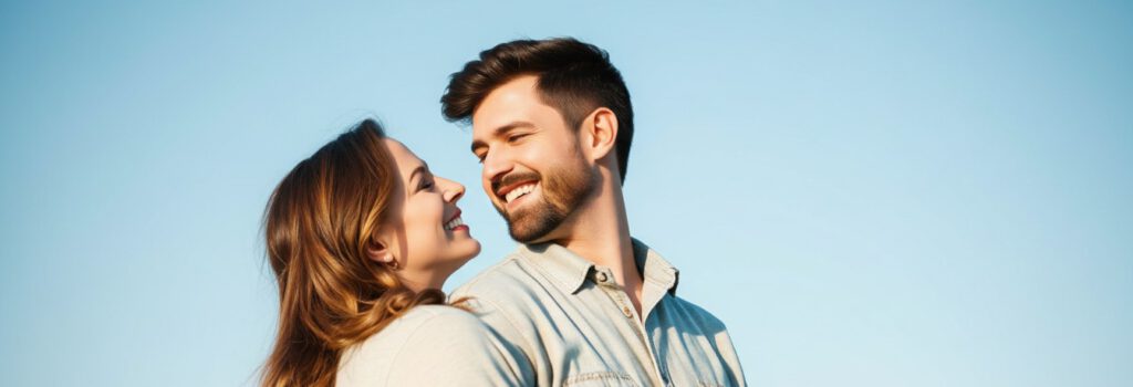 Ein glückliches, lächelndes Paar nach einer erfolgreichen Paarberatung bei Paarberatung Silberstreif in Berlin oder der Uckermark – Lösung von Beziehungsproblemen und neuer Mut.