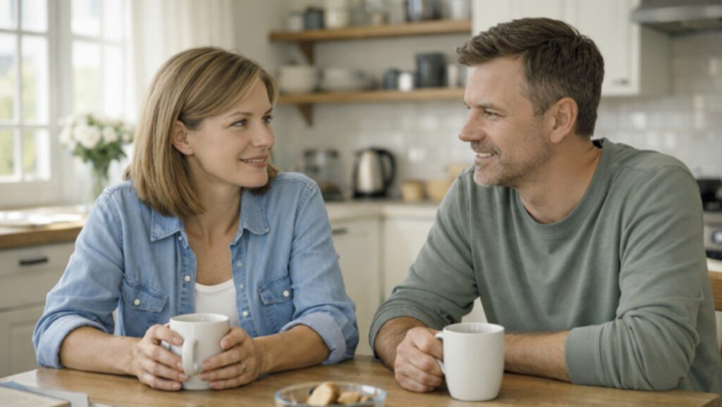 Ein Paar sitzt entspannt bei einer Tasse Kaffee am Küchentisch und führt ein vertrauensvolles Gespräch über Sexualität und Intimität in ihrer Beziehung dank Paarberatung Silberstreif