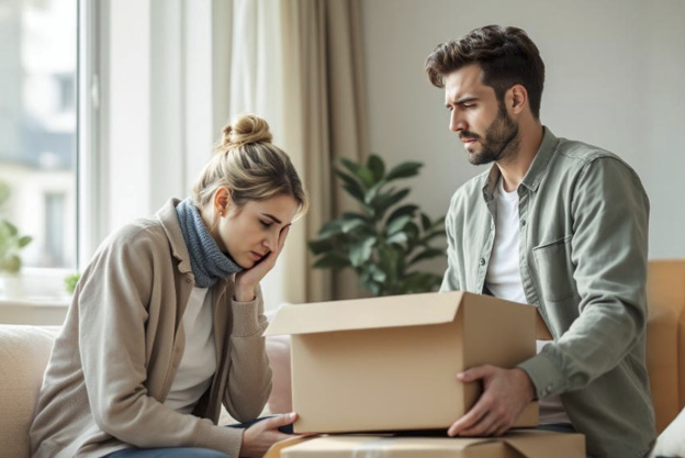 Paar beim Packen von Umzugskisten während einer Trennung – Herausfordernde Situationen bewältigen mit Trennungsberatung und Suche nach guten Lösungen für Kinder bei Paarberatung Silberstreif